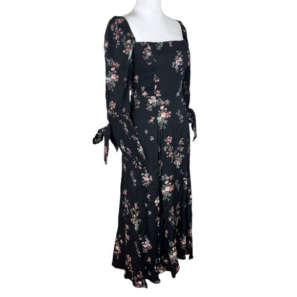 Reformation Aubrey Black Floral Print Midi Dress Tied Cuff Sleeves Slit Size 0 - Picture 4 of 10